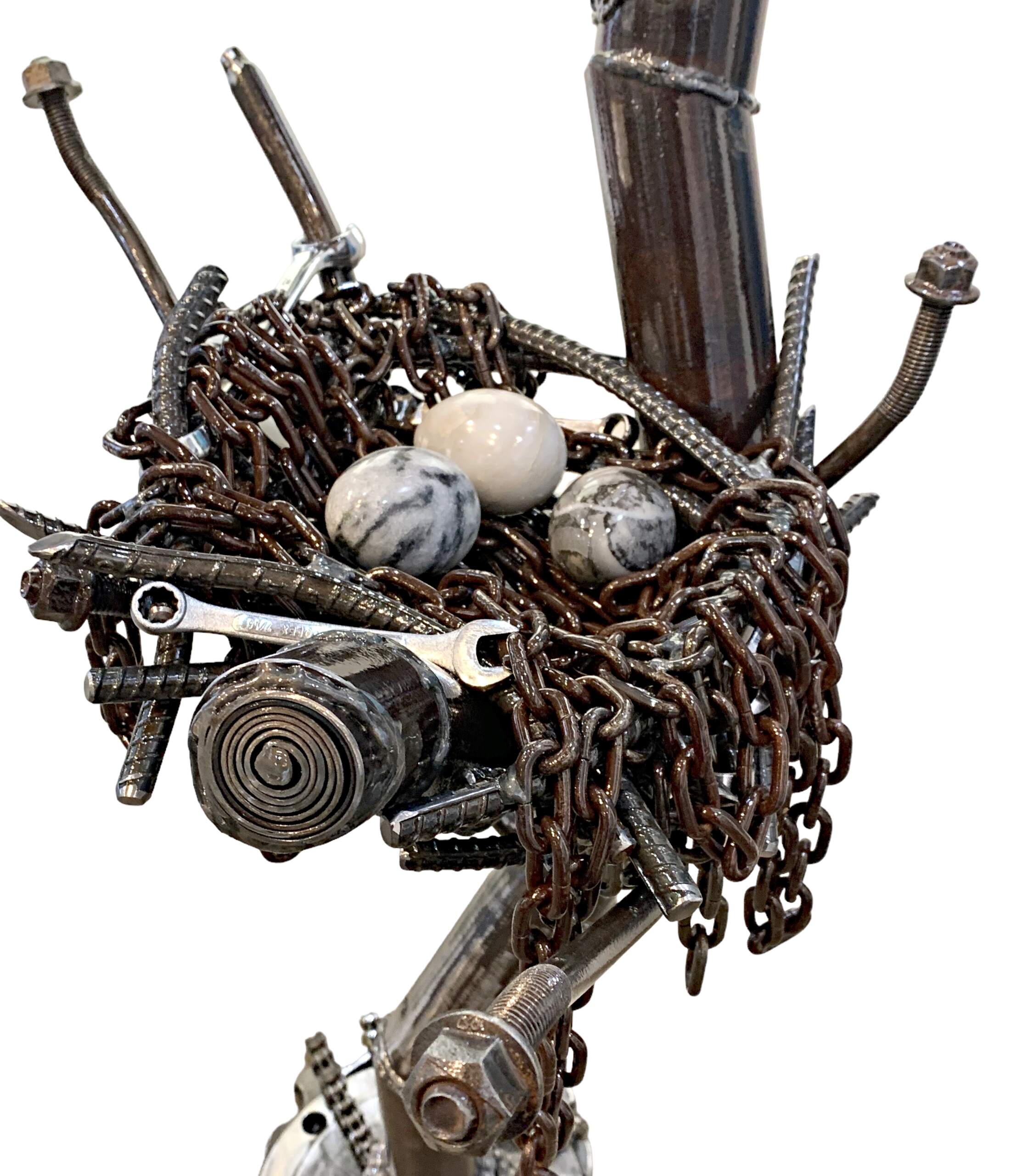 Astrid, reclaimed metal bald eagle, nest, tree, and eggs sculpture by Wendy Stone | Effusion Art Gallery, Invermere BC