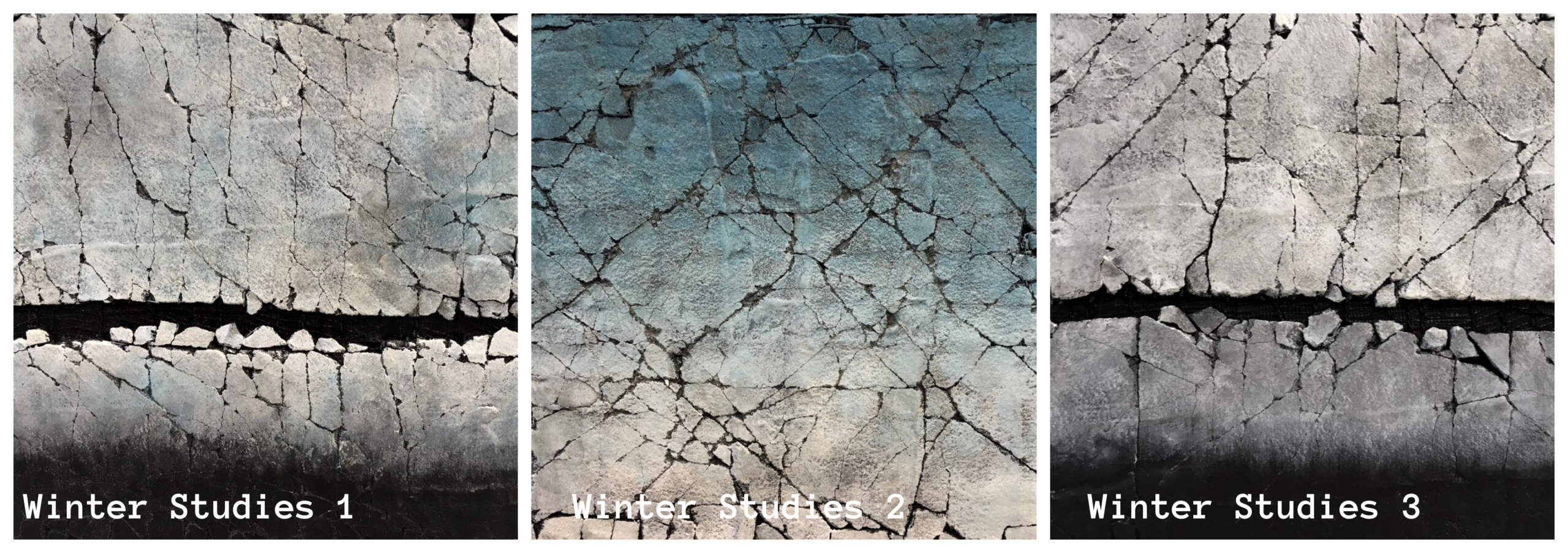 Winter Studies, trio of three mini mixed media abstract paintings by Karen Bagayawa | Effusion Art Gallery + Cast Glass Studio, Invermere BC