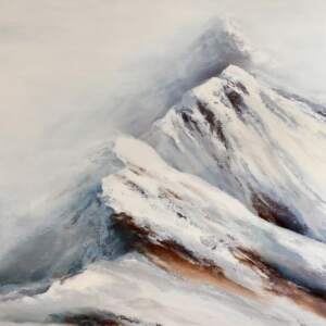Misty snow-covered mountain landscape painting by Jane Bronsch.