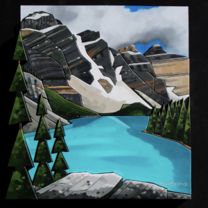 Original oil and scroll-cut wood painting of Moraine Lake by Mark Farand.
