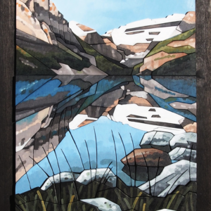 Original oil painting of Lake Louise on scroll-cut wood and canvas by Mark Farand.