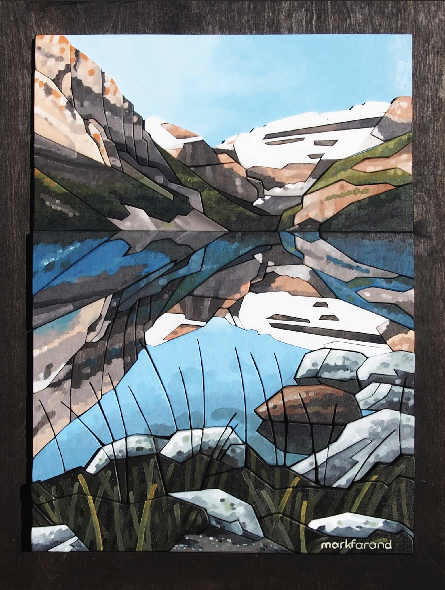 Through the Grasses, oil and scroll-cut wood landscape of Lake Louise by Mark Farand | Effusion Art Gallery, Invermere BC