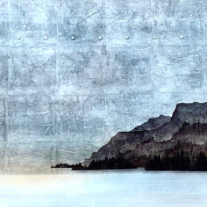 Moody mixed media landscape painting of the ocean and west coast mountains during a sunrise by David Graff.