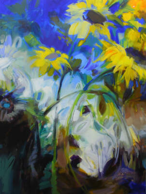 Reaching, acrylic sunflower painting by Becky Holuk | Effusion Art Gallery + Cast Glass Studio, Invermere BC