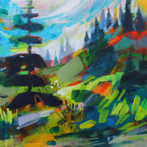 Colorful abstract landscape with a tree and wildflowers in the foreground by Becky Holuk.