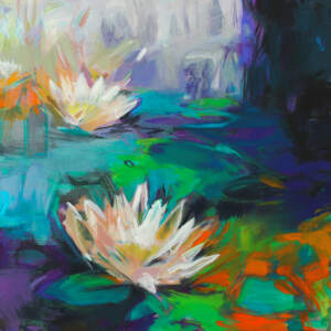 Colorful abstract water lily painting by Becky Holuk.
