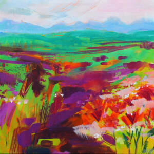 Abstract prairie landscape painting with the mountains in the distance by Becky Holuk.