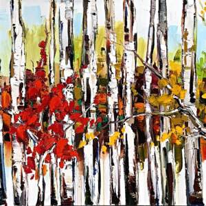 Come a Little Closer, mixed media tree painting by Kimberly Kiel | Effusion Art Gallery + Cast Glass Studio, Invermere BC
