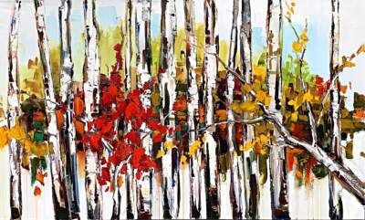 Come a Little Closer, mixed media tree painting by Kimberly Kiel | Effusion Art Gallery + Cast Glass Studio, Invermere BC
