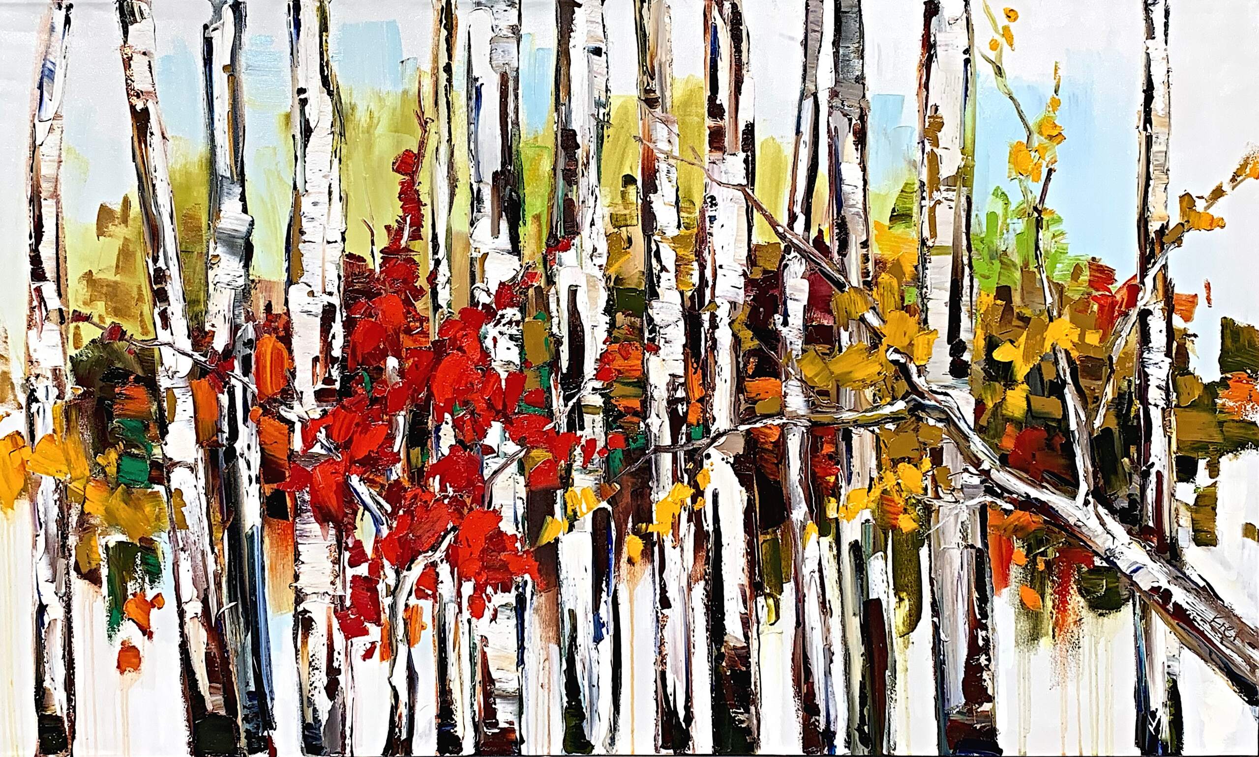Come a Little Closer, mixed media tree painting by Kimberly Kiel | Effusion Art Gallery + Cast Glass Studio, Invermere BC