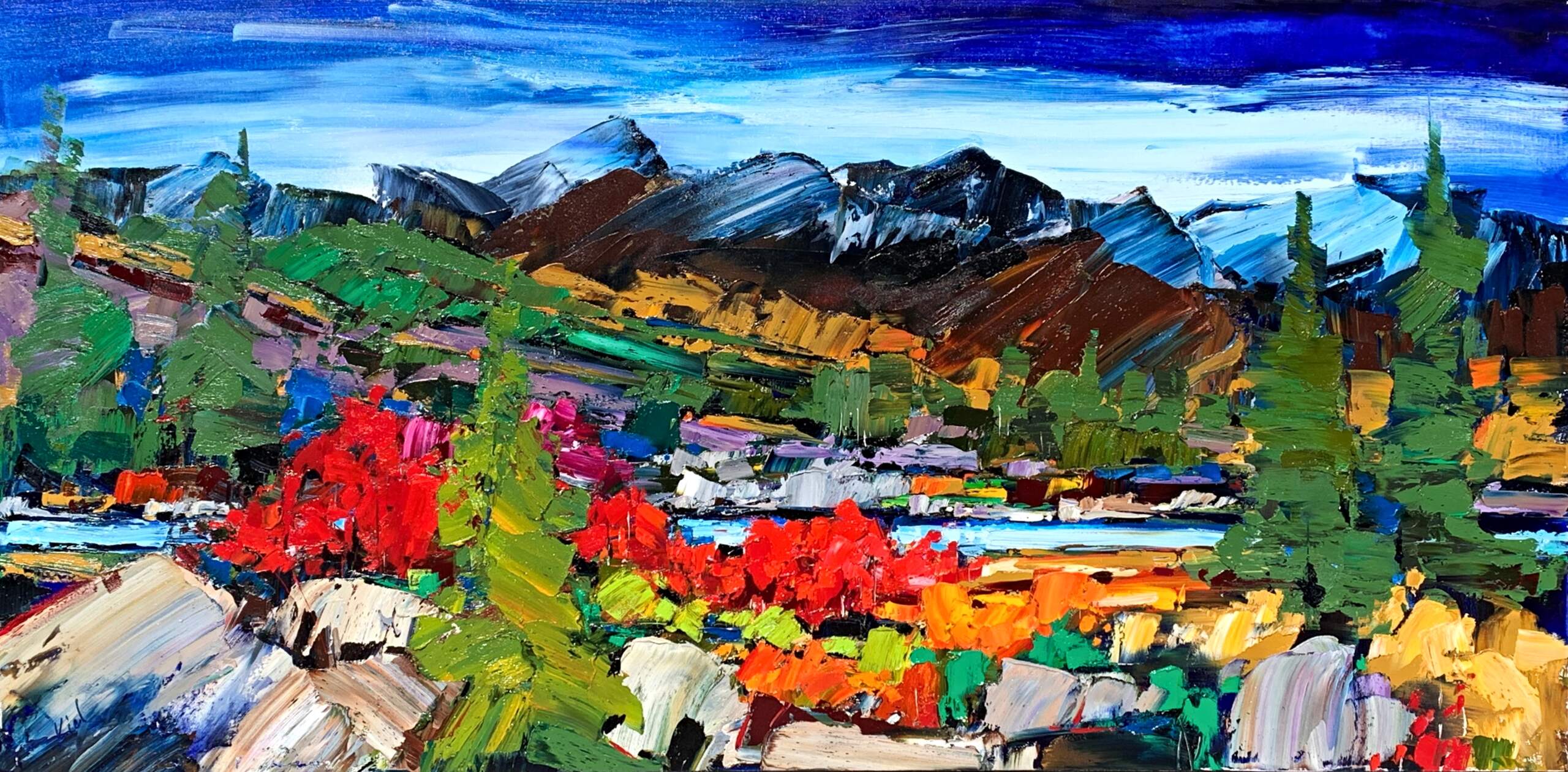 Real Life Experiences, mixed media mountain landscape painting by Kimberly Kiel | Effusion Art Gallery + Cast Glass Studio, Invermere BC