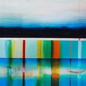 Mixed media colorful canoe painting with a reflection of the canoe in the water by Sylvain Leblanc.