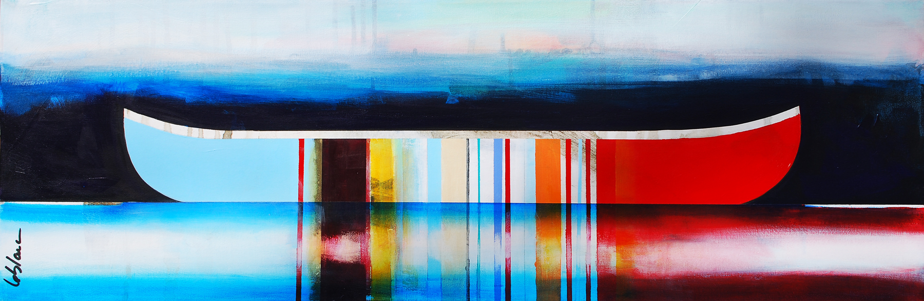 Doux regards, mixed media canoe painting by Sylvain Leblanc | Effusion Art Gallery + Cast Glass Studio, Invermere BC
