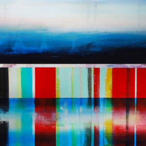 Mixed media colorful canoe painting with a reflection of the canoe in the water by Sylvain Leblanc.