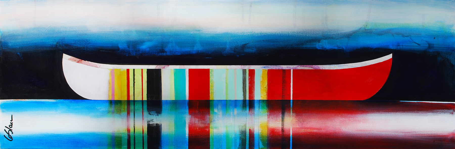 Équilibre, mixed media canoe painting by Sylvain Leblanc | Effusion Art Gallery + Cast Glass Studio, Invermere BC