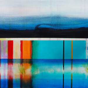 Mixed media colorful canoe painting with a reflection of the canoe in the water by Sylvain Leblanc.