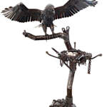 Astrid, reclaimed metal bald eagle, nest, tree, and eggs sculpture by Wendy Stone | Effusion Art Gallery, Invermere BC