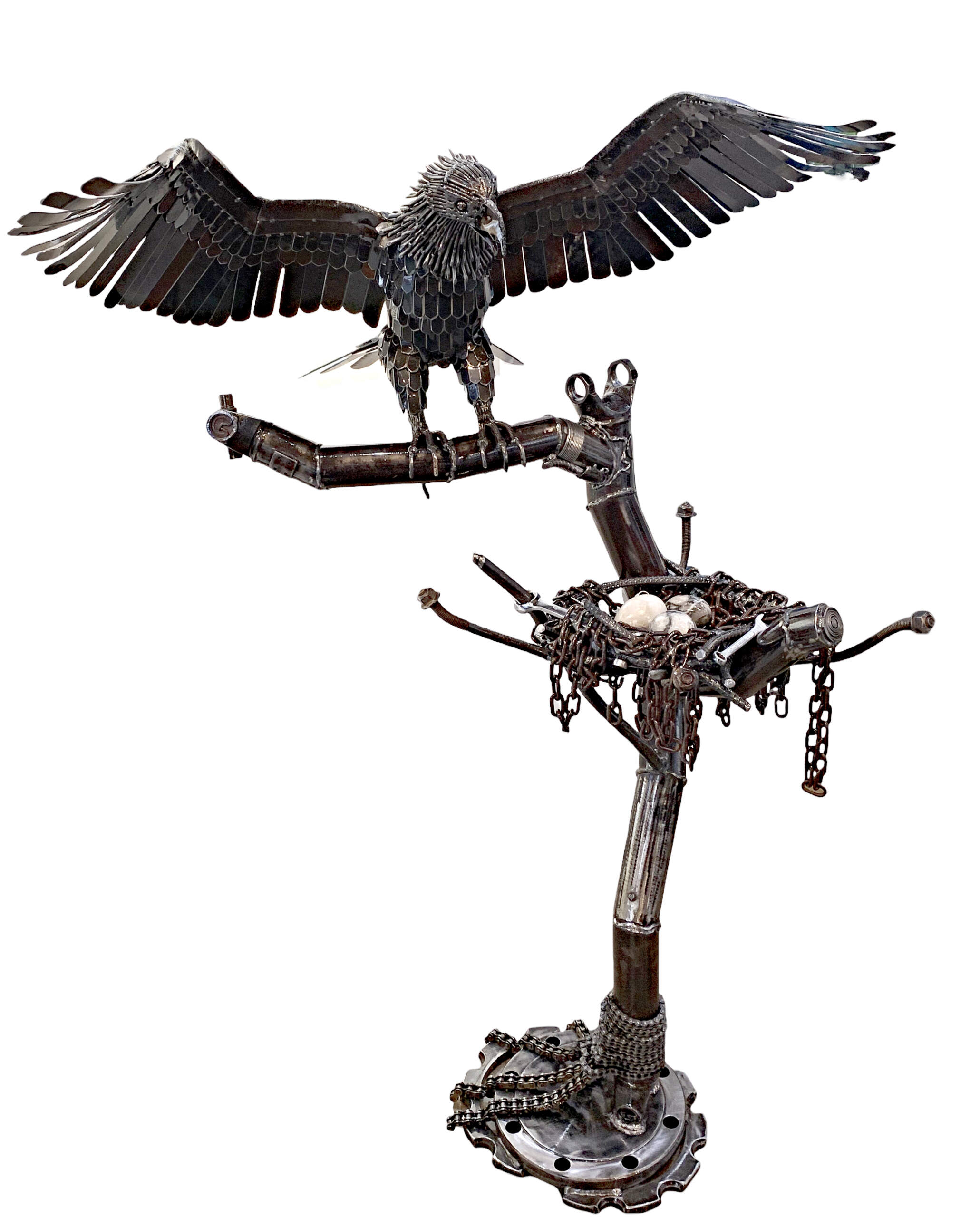 Astrid, reclaimed metal bald eagle, nest, tree, and eggs sculpture by Wendy Stone | Effusion Art Gallery, Invermere BC