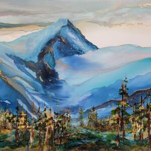 Alcohol ink landscape painting of Mount Nelson in the summer in Invermere, BC by Paulina Tokarski.