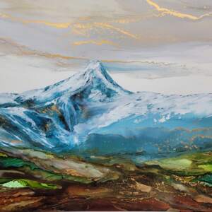 Alcohol ink landscape painting of Mount Nelson in the summer in Invermere, BC by Paulina Tokarski.