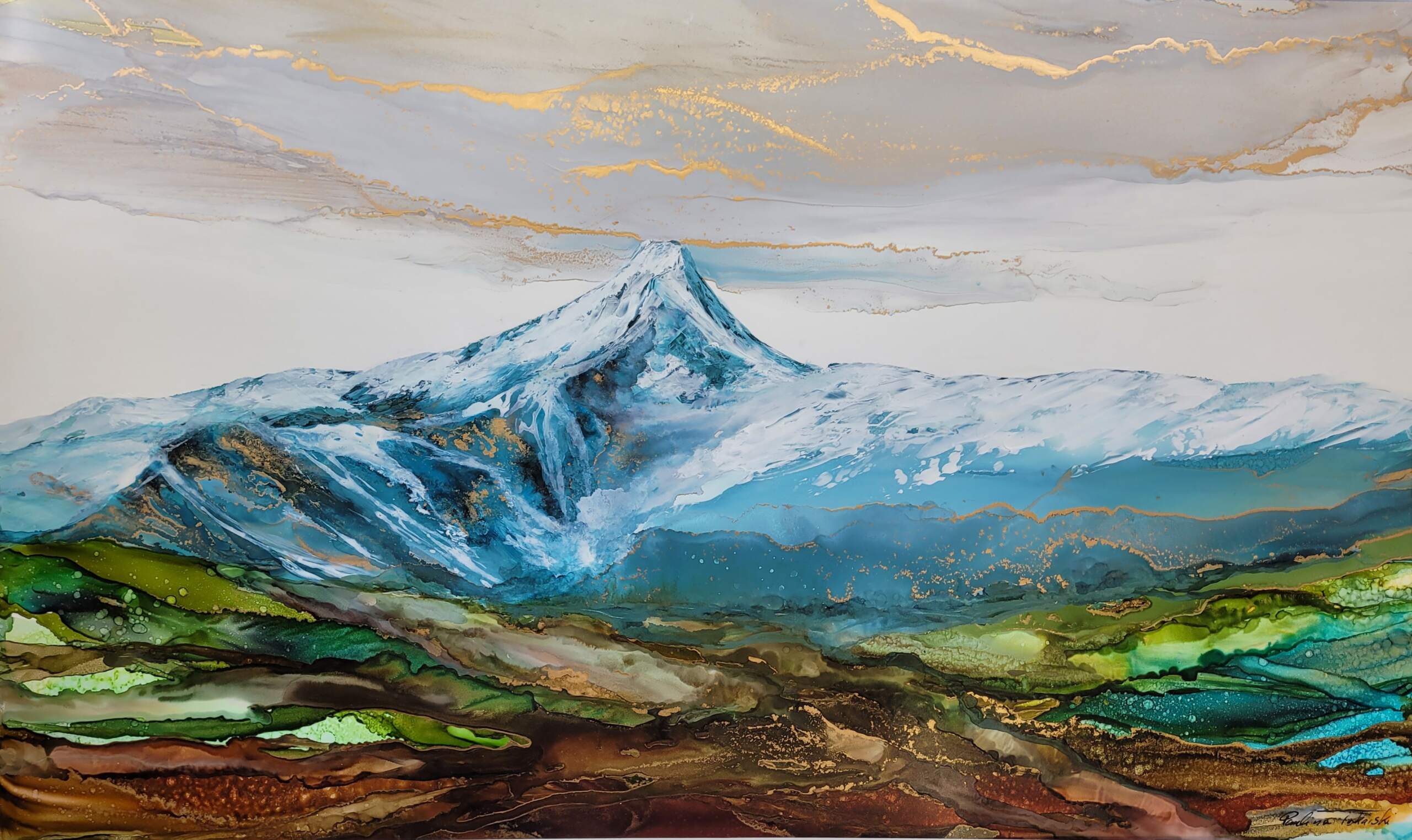 Spirit of the Valley, alcohol ink painting of Mount Nelson by Paulina Tokarski | Effusion Art Gallery + Cast Glass Studio, Invermere BC