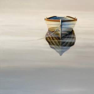 Start the Day, original acrylic boat painting by Jane Bronsch at Effusion Art Gallery in Invermere BC.