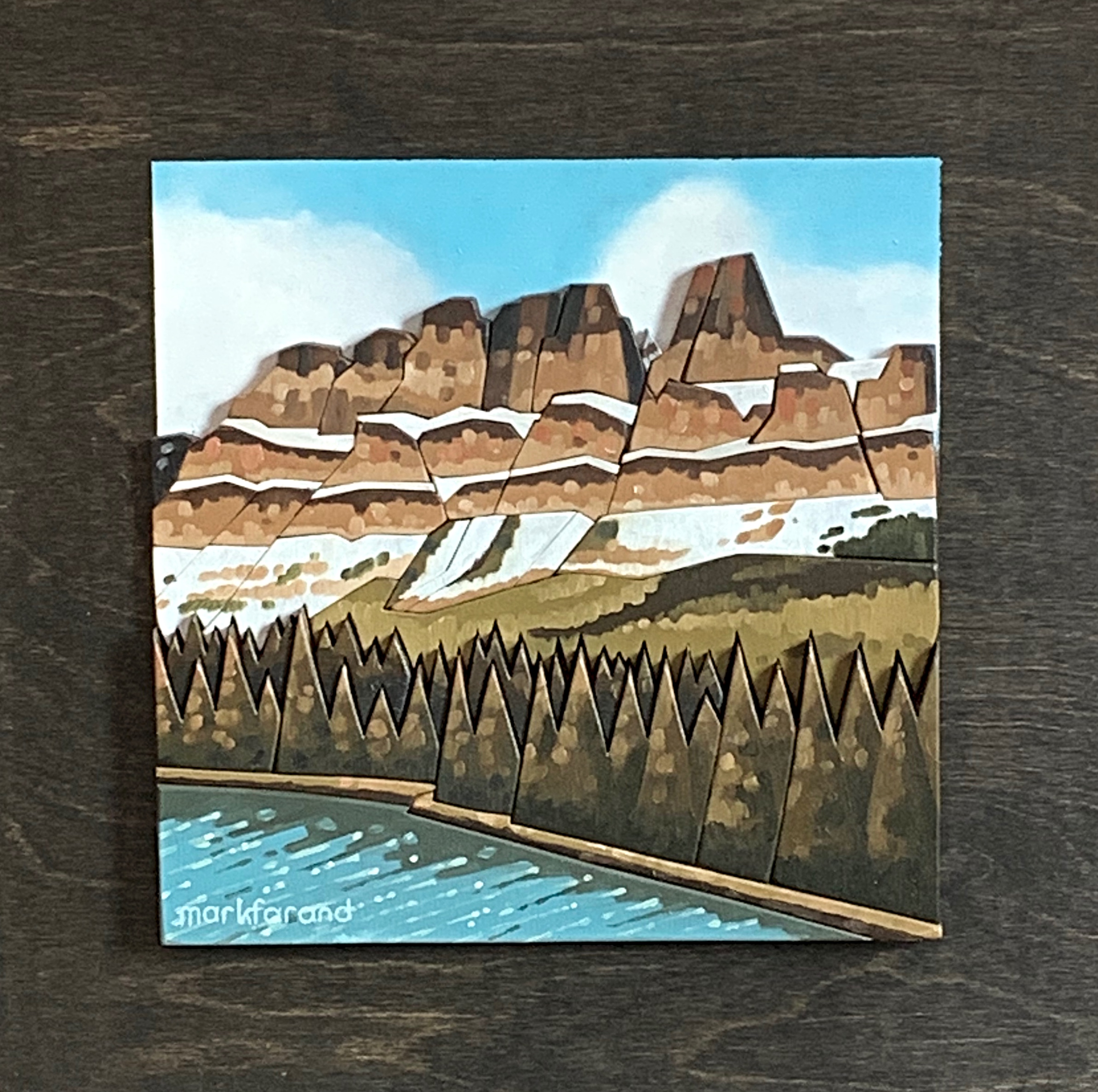 Castle on the Bow, oil and scroll-cut wood landscape of Castle Mountain and the Bow River by Mark Farand | Effusion Art Gallery, Invermere BC