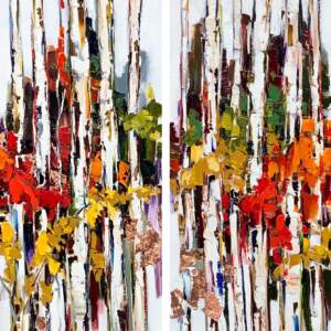 Can't Stay too Long 1+2, mixed media birch tree paintings by Kimberly Kiel | Effusion Art Gallery, Invermere BC