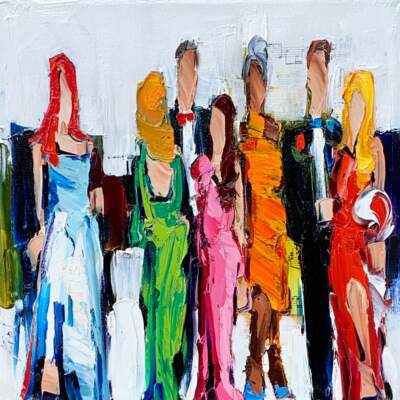 Talking in Pleasant Tenses, mixed media cocktail party figurative painting by Kimberly Kiel | Effusion Art Gallery, Invermere BC