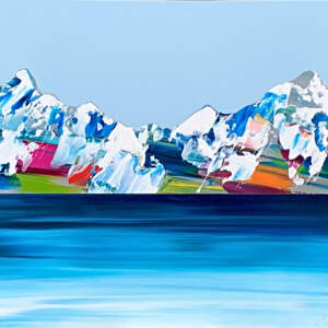 Painting of abstract mountains and lake with blue sky by Stephanie Rivet.