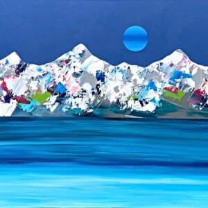 Painting of abstract mountains and lake with a moon by Stephanie Rivet