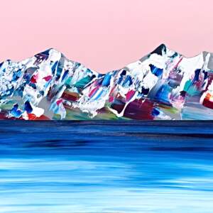 Painting of abstract mountains and lake with a pink sunset sky by Stephanie Rivet.
