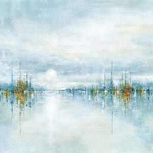 Dreamy soft landscape painting by Gina Sarro of a full moon and trees reflecting into a gentle misty lake.