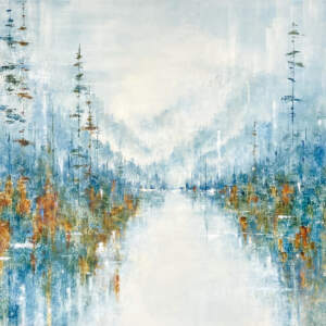 Dreamy soft mountain landscape painting by Gina Sarro of misty mountains and trees reflecting into a gentle lake.