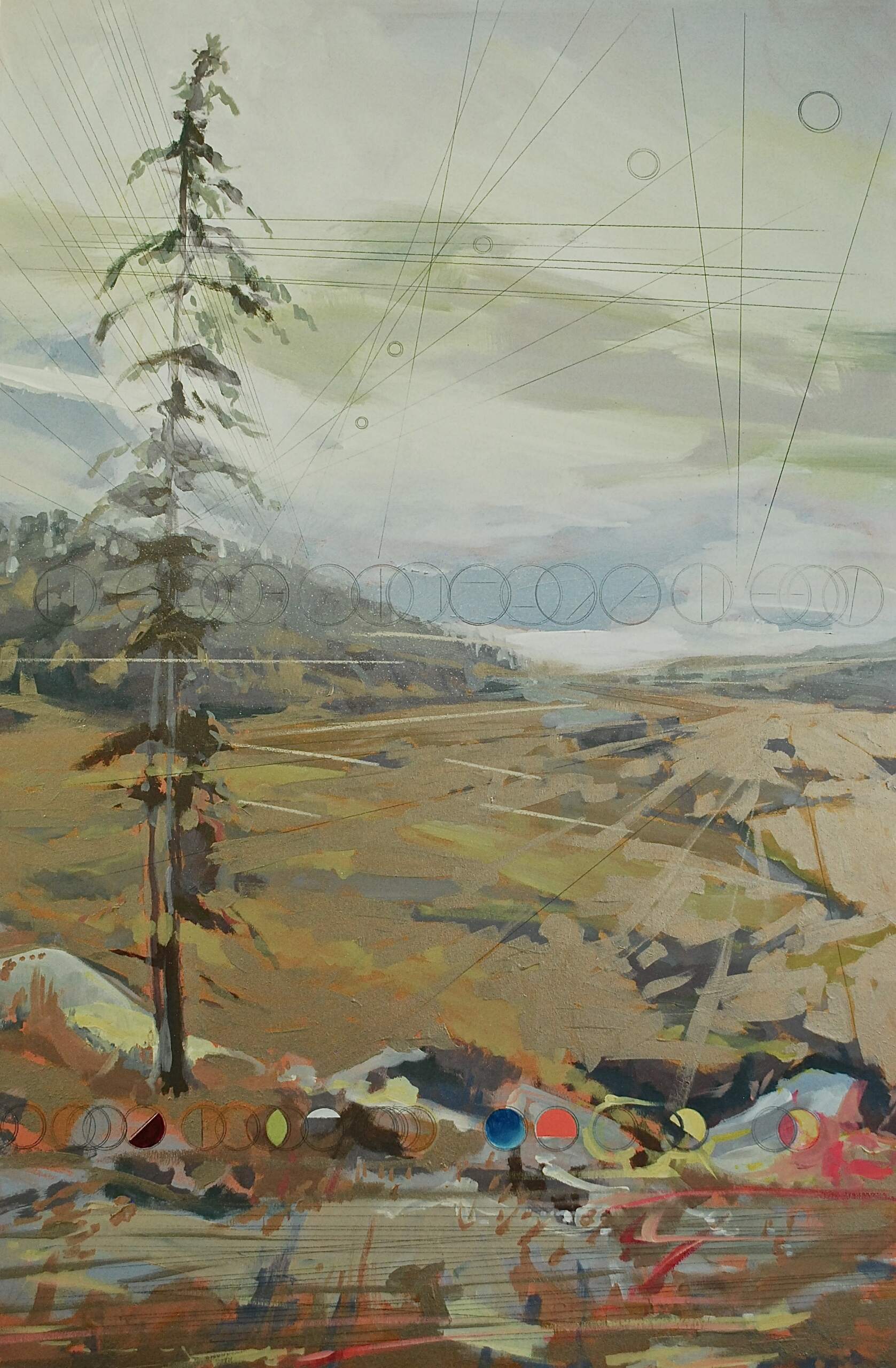 Resources, mixed media tree + mountain landscape painting by Michel St. Hilaire | Effusion Art Gallery, Invermere BC