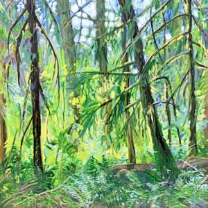 Stephanie Taylor painting of a lush, green BC forest landscape.