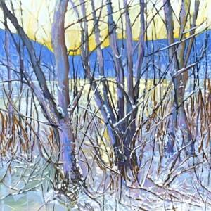A winter sunrise reflecting on a lake behind trees, painting by Stephanie Taylor.