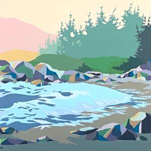 Original cubist west coast landscape panting in soft colours by Michelle Barkway.