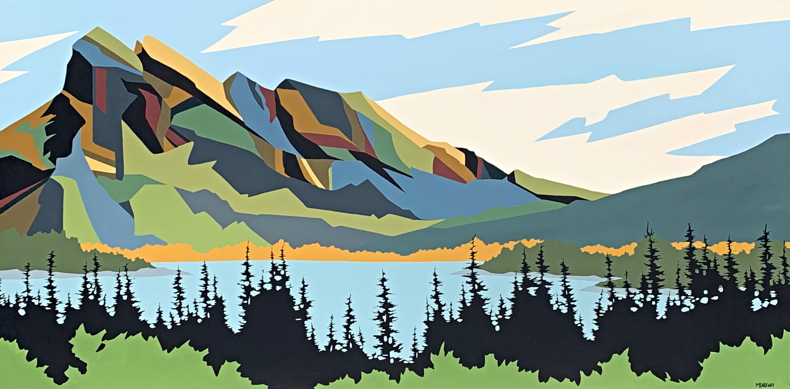 Larch Madness, original acrylic landscape painting of Mt Rundle by Michelle Barkway | Effusion Art Gallery, Invermere BC