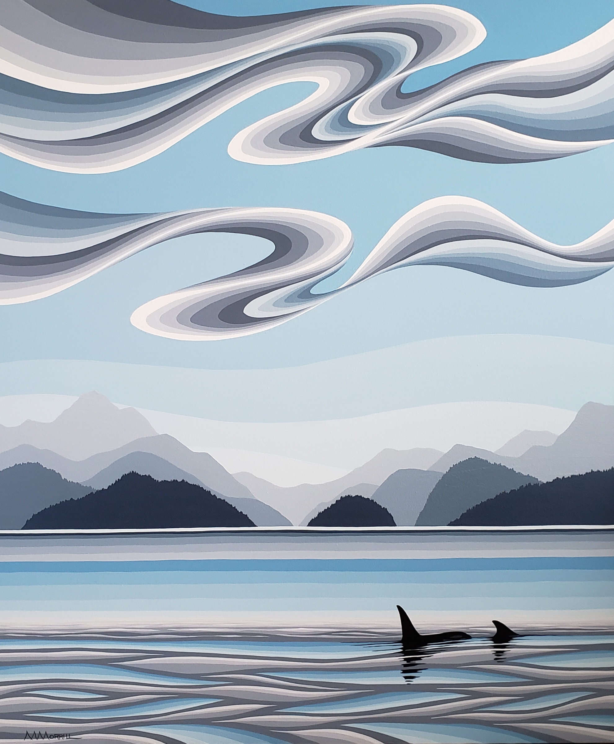 Coastal Mist, west coast landscape painting with orca whales by Monica Morrill | Effusion Art Gallery, Invermere BC