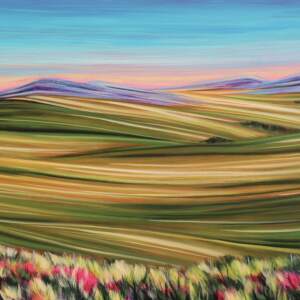 Kayla Eykelboom painting of green rolling prairie and the Alberta foothills with blue sky and colorful wildflowers.