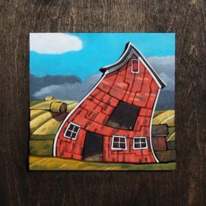3-D scroll cut wood and oil painting of a wavy barn on a farm with a tiny chicken in the window by Mark Farand.