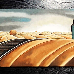 3-D scroll cut wood and oil painting of a prairie landscape with hay bales and teal and white grain elevators and train tracks by Mark Farand.