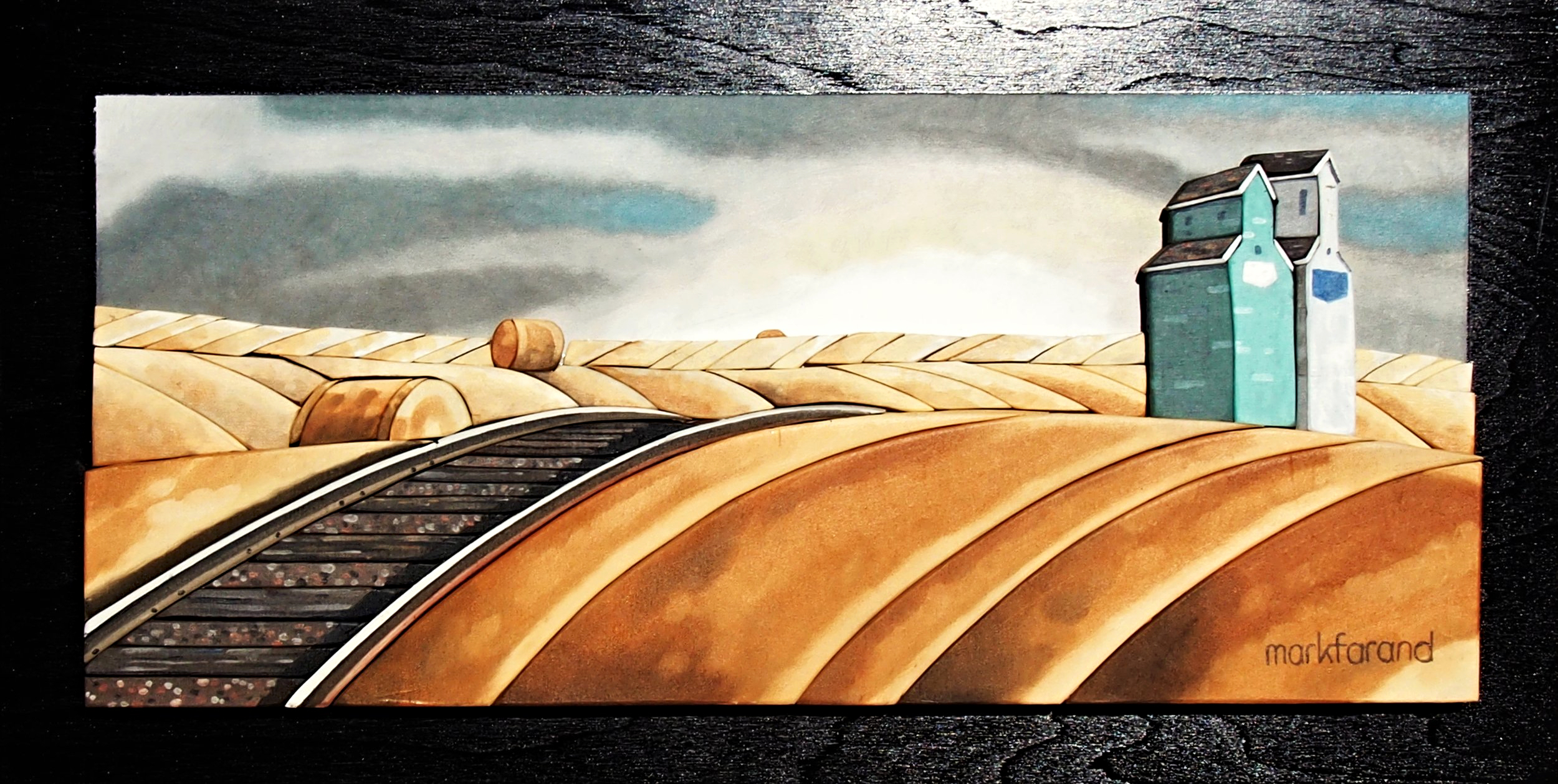 Last Stop, 3-D mixed media prairie, grain elevator, + train tracks painting by Mark Farand | Effusion Art Gallery, Invermere BC