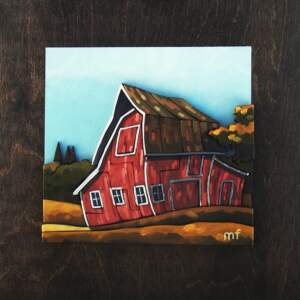 3-D scroll cut wood and oil painting of a wavy barn on a farm by Mark Farand.