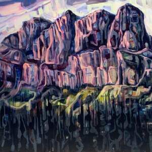 Abstract painting of Castle Mountain at sunset in Banff/Canmore AB by Sandy Kunze.