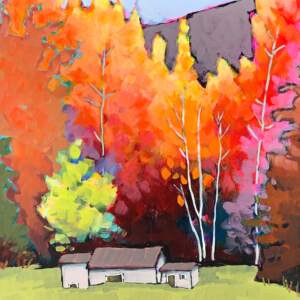 Acrylic painting of a house surrounded by tall vibrant orange, red, pink, and green trees with mountains and blue sky by Eleanor Lowden.