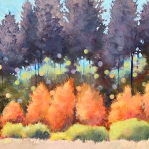 Original landscape painting of plum trees with orange and green bushes blue sky, and colorful dots by Eleanor Lowden.