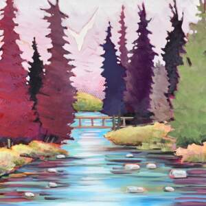 Acrylic painting of a gentle river with a small foot bridge, tall violet and green trees and faint mountains in the background by Eleanor Lowden.