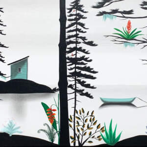 Whimsical Natasha Miller painting of a mint green cabin on an island with a mint green canoe in the lake. In the foreground there are a number of black trees with vibrant tropical plants and flowers and red cardinals in the trees.